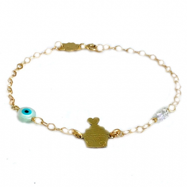 Children's bracelet in 14K yellow gold with cupcake,evil eye and stone decorations