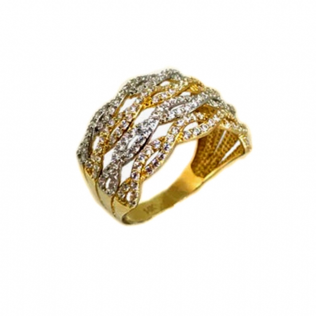 Two colour 14K gold knot pattern woman's ring with colourless cubic zirconium