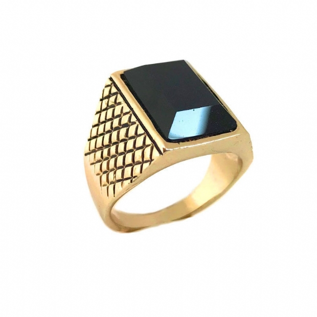 Gold steel ring with big black stone