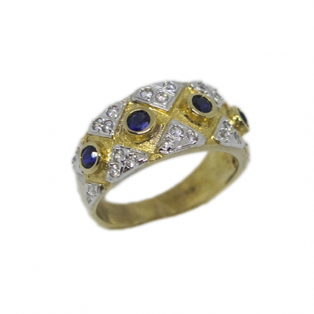 Δίχρωμο χρυσό 14Κ δαχτυλίδι με μπλε και άχρωμα κυβικά ζιργκόν