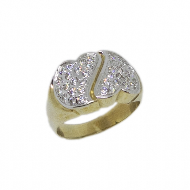 14K yellow and white gold ring with heart shaped center decoration full of colourless cubic zirconium