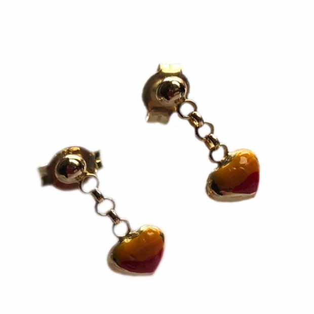 14K yellow gold heart decorated earrings with enamel