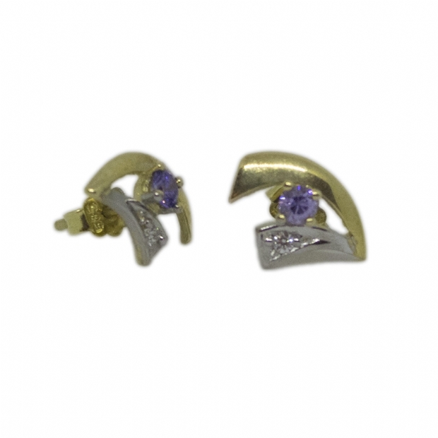 14K yellow gold earrings with purle and colourless cubic zirconium