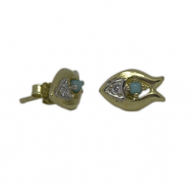 14K yellow gold stud earrings evil eye with turquoise and colourless cubic zirconium