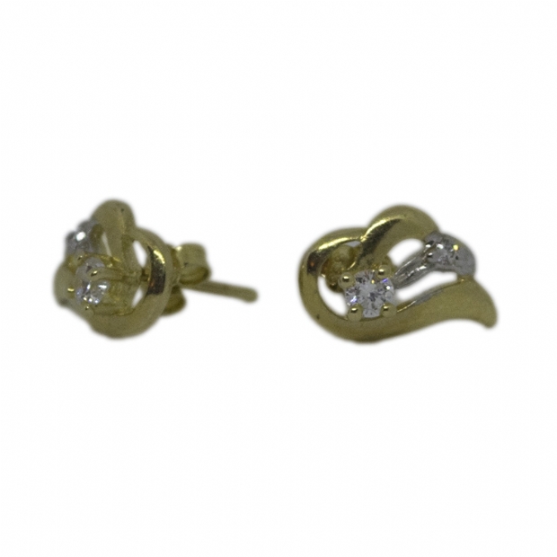 Χρυσά 14Κ σκουλαρίκια καρφάκια σε σχήμα ζιγκ ζαγκ με άχρωμα ζιργκονάκια