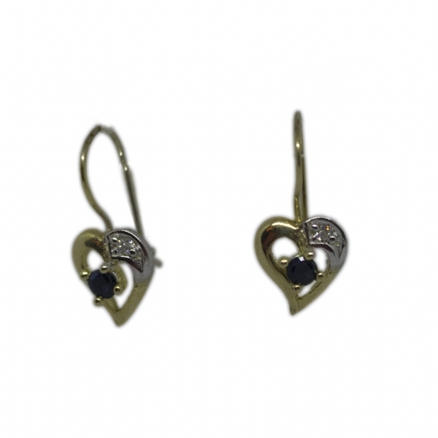 14K gold hoop earrings with heart shaped decoration and dark blue cubic zirconium