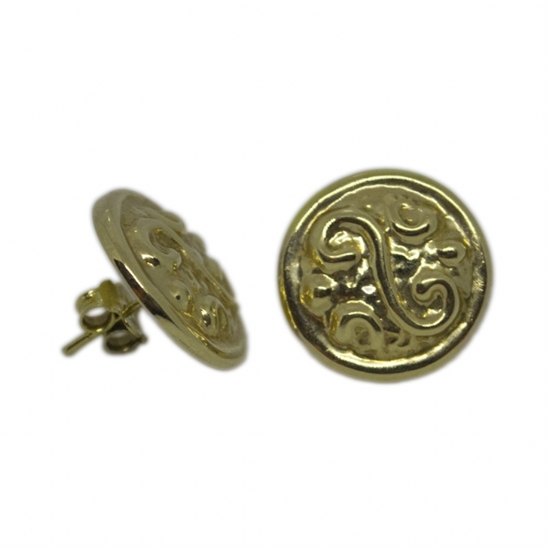 Χρυσά 14Κ στρόγγυλα σκουλαρίκια καρφάκια με ανάγλυφα σχέδια αντίγραφο αρχαίου νομίσματος