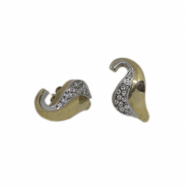 14K yellow gold stud earrings s shaped with colourless cubic zirconium