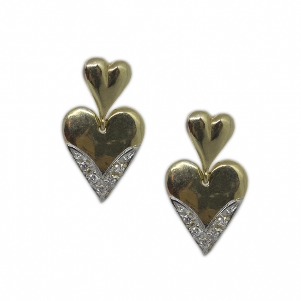 Double heart 14K yellow gold moving stud earrings set with colourless cubic zirconium