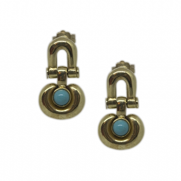 14K yellow gold stud moving byzantine style earrings with turquoise