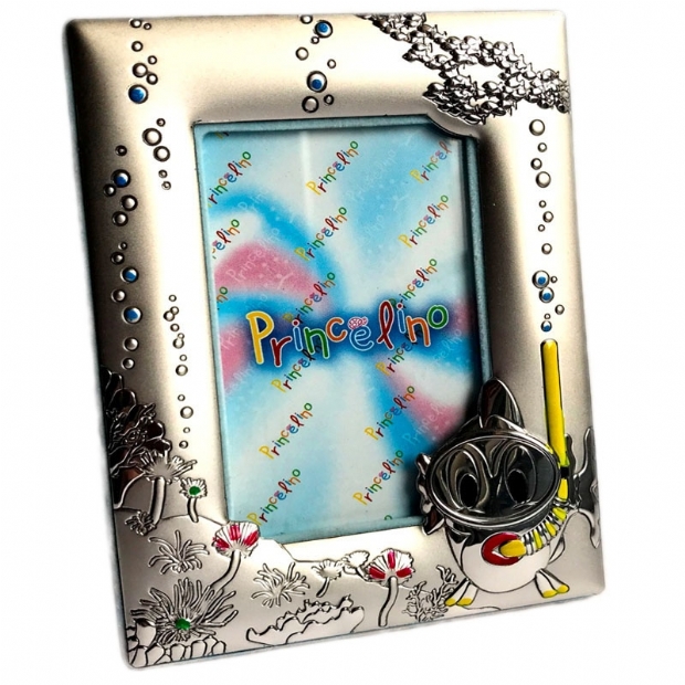 Silver 925 boys' photo frame with fish  and coloured enamel decorations