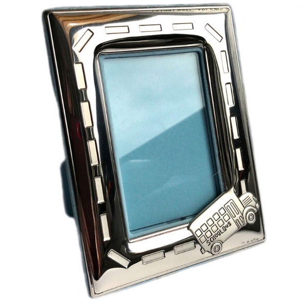 Silver 925 boys' photo frame with school bus decoration