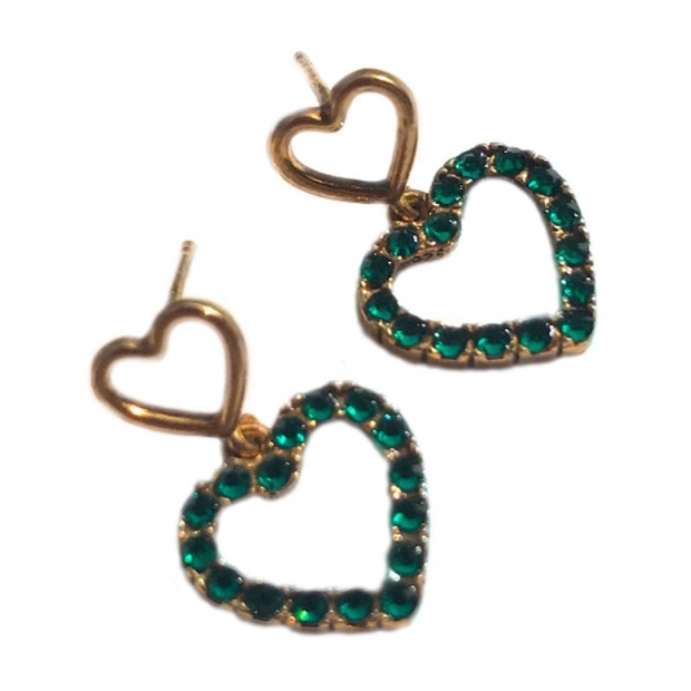 Κρεμαστά σκουλαρίκια ασημένια 925 επίχρυσα διπλές καρδιές με πράσινα στρας 