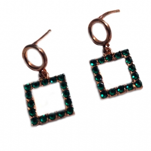 Goldplated silver 925 earrings with circle and square design set with green swarovski stones