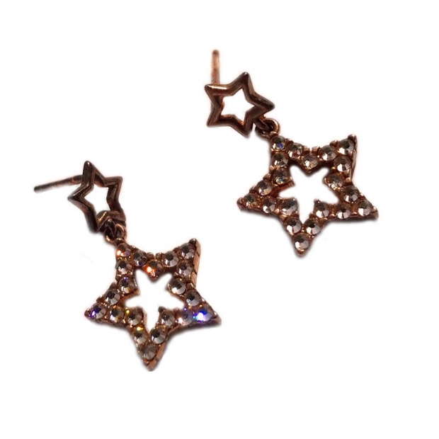 Goldplated silver 925 earrings double star decorated set wih colourless stones
