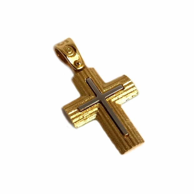 Χρυσός 14Κ σταυρός με λευκόχρυση ένθετη γράμμωση στο κέντρο
