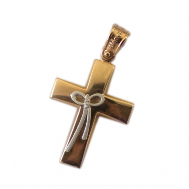 14K rose gold baptism crucifix for girls with white gold bow decoration