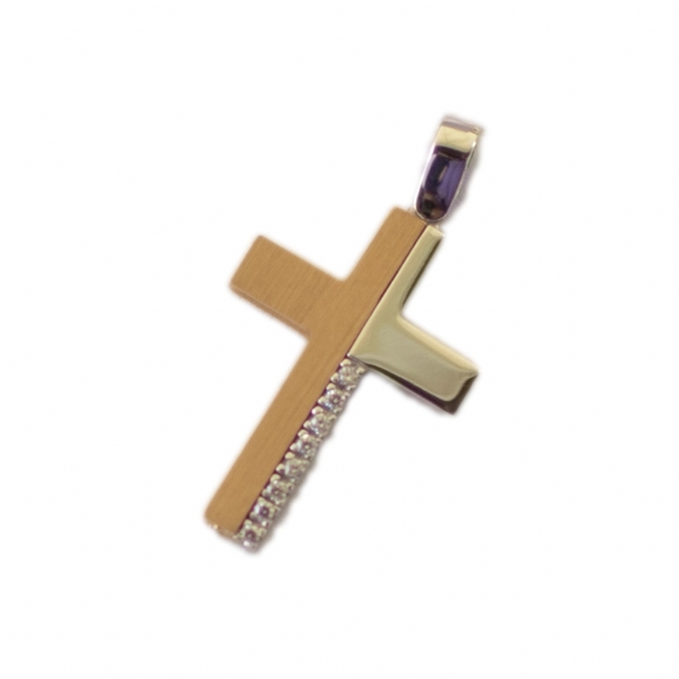 14Κ rose and white gold baptism cross set with colourless cubic zirconium