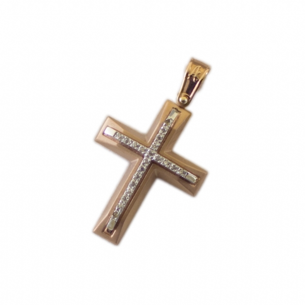 Βαφτιστικός σταυρός σε ροζ χρυσό 14Κ με άχρωμα κυβικά ζιργκόν