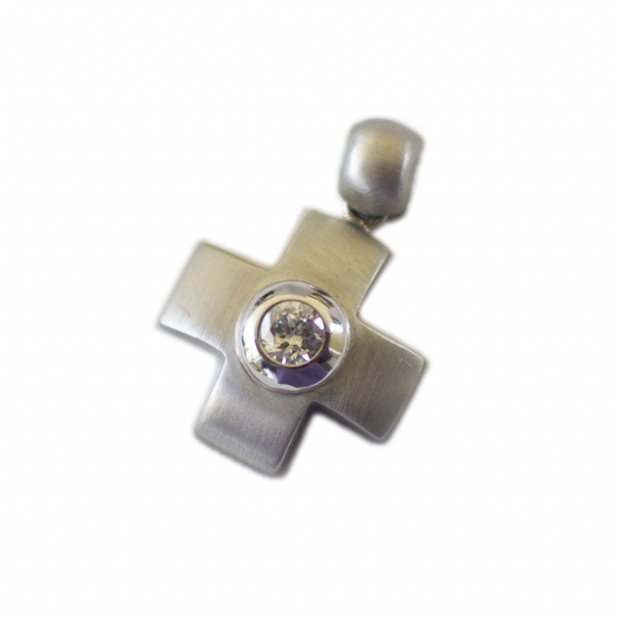 14K white gold mat finish cross with colourless round cubic zirconium center stone