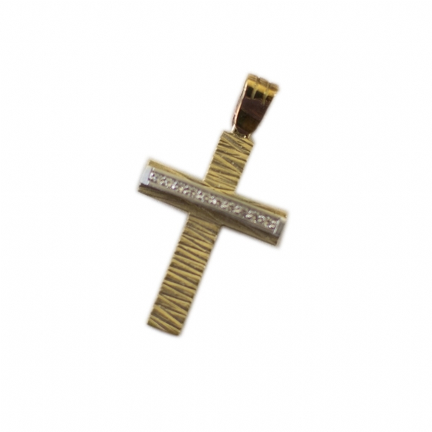 Bicolour yellow with white 14K gold cross set with colourless cubic zirconium