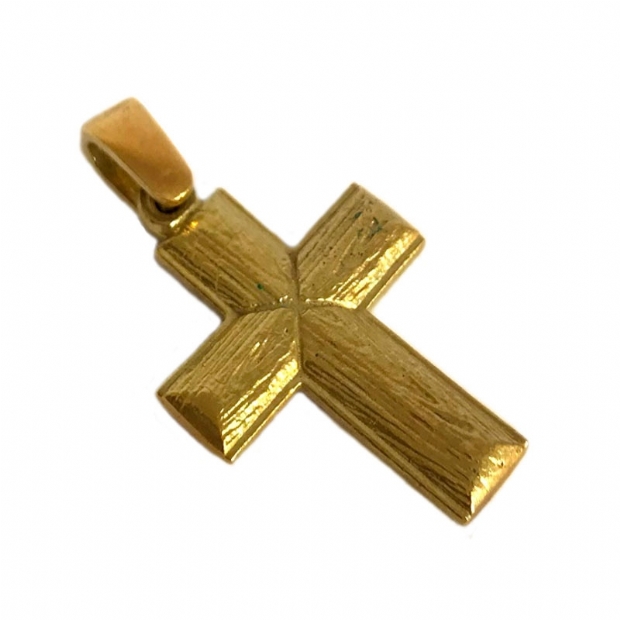 18Κ yellow gold solid hand made baptism cross with wooden texture resemblance