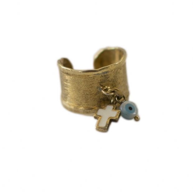 Silver 925 gold plated ring with enamelled cross and evil eye decoration