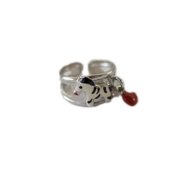Silver 925 baby girl's ring with coloured enamel zebra and heart decoration