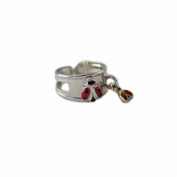 Silver 925 baby girl's ring with red enamelled love bugs