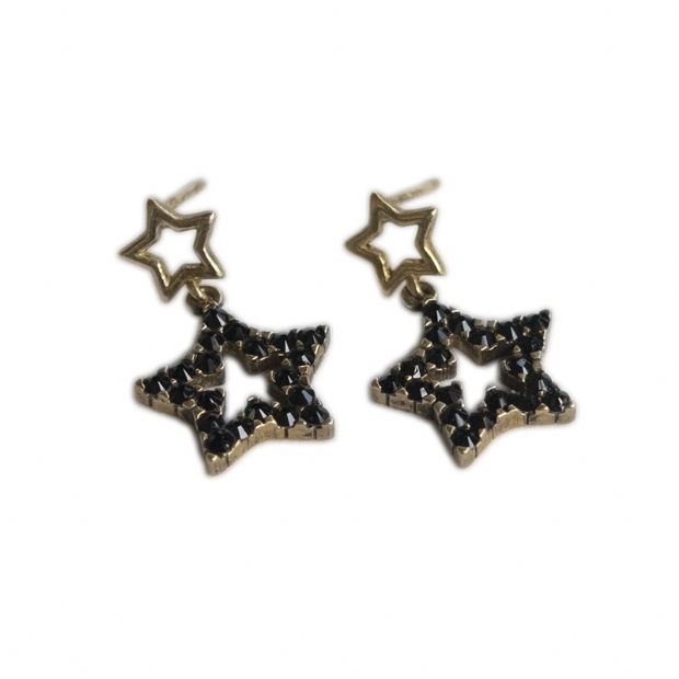 Silver 925 gold plated earrings stars decorated with black stones