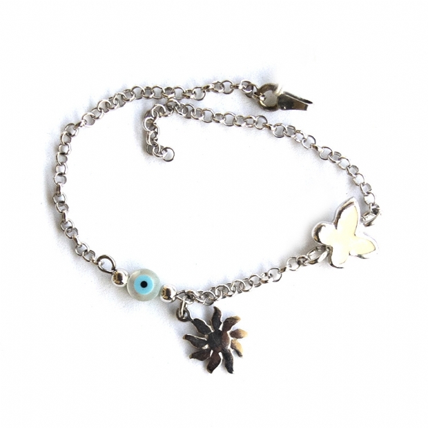 Silver 925 bracelet with sun evil eye and enamelled butterfly decorations