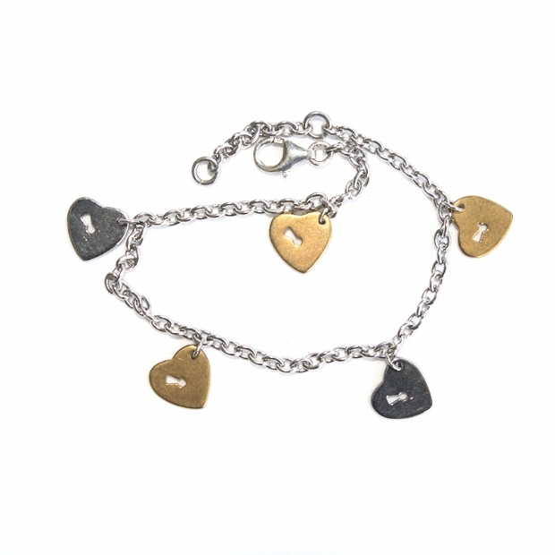 Bicolour silver 925 charm bracelet with heart locks charms 