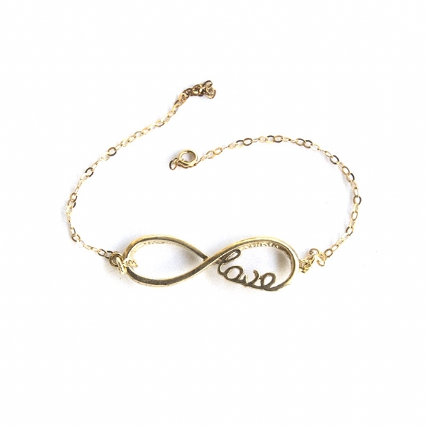 Yellow gold plated silver 925 bracelet with infinity and love center decoration