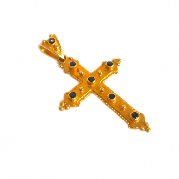 Κίτρινος 18Κ χρυσός βυζαντινός σταυρός με στρόγγυλα ορυκτά ζαφείρια