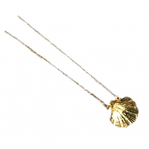 Gold 14K seashell pendant attached to 14K gold chain