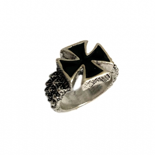 Rock style man steel ring with black enamelled cross decoration