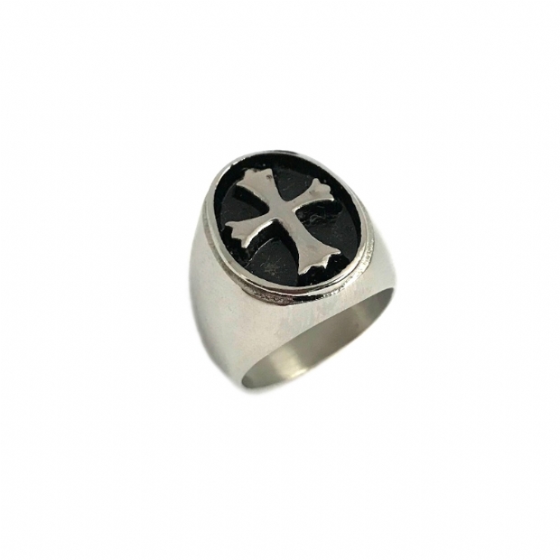 Steel metal men's ring with cross decoration in oval black enameled center 