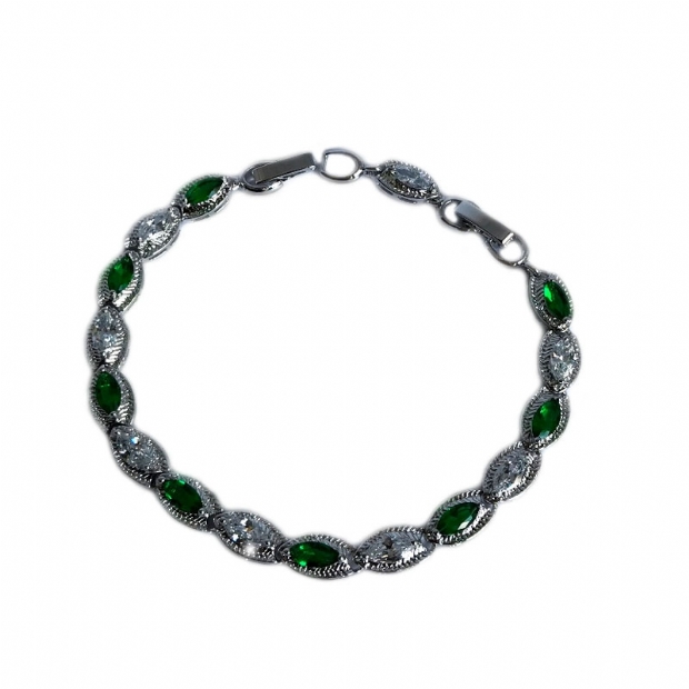 White steel bracelet set with colourless and emerald green navette shapped cubic zirconium